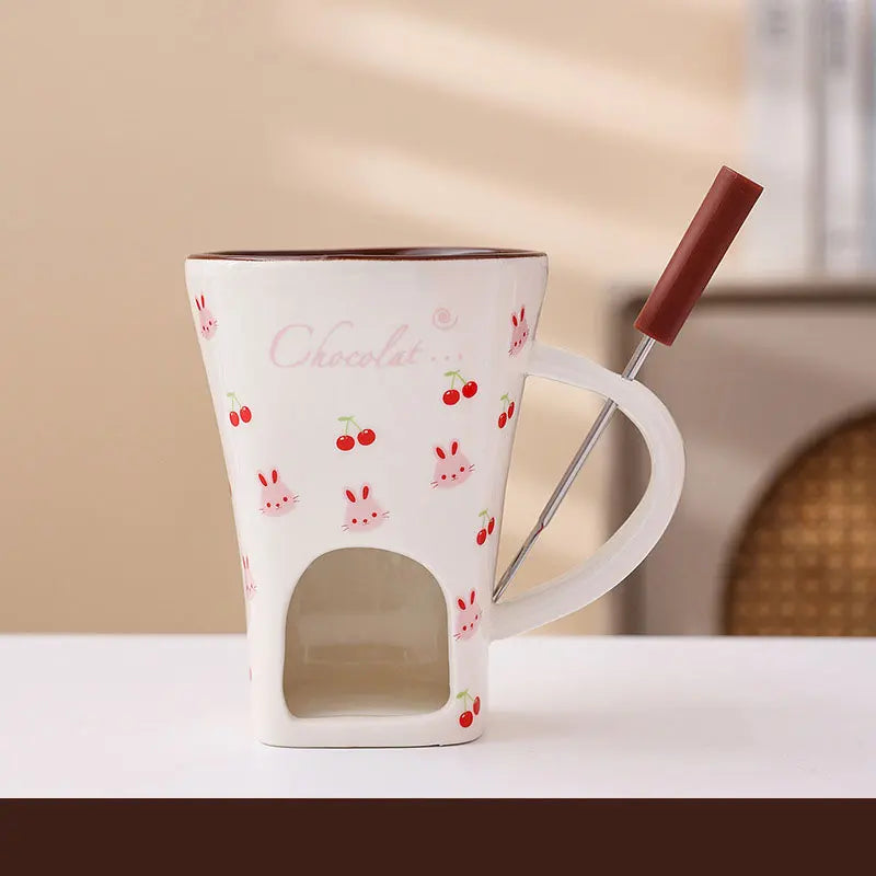 Cherry Bear Decal Chocolate Fondue Melt Ceramic Mugs Custom Cheese Tools Chocolate Melt Pot with Fork