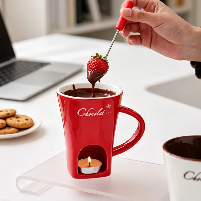 Cherry Bear Decal Chocolate Fondue Melt Ceramic Mugs Custom Cheese Tools Chocolate Melt Pot with Fork