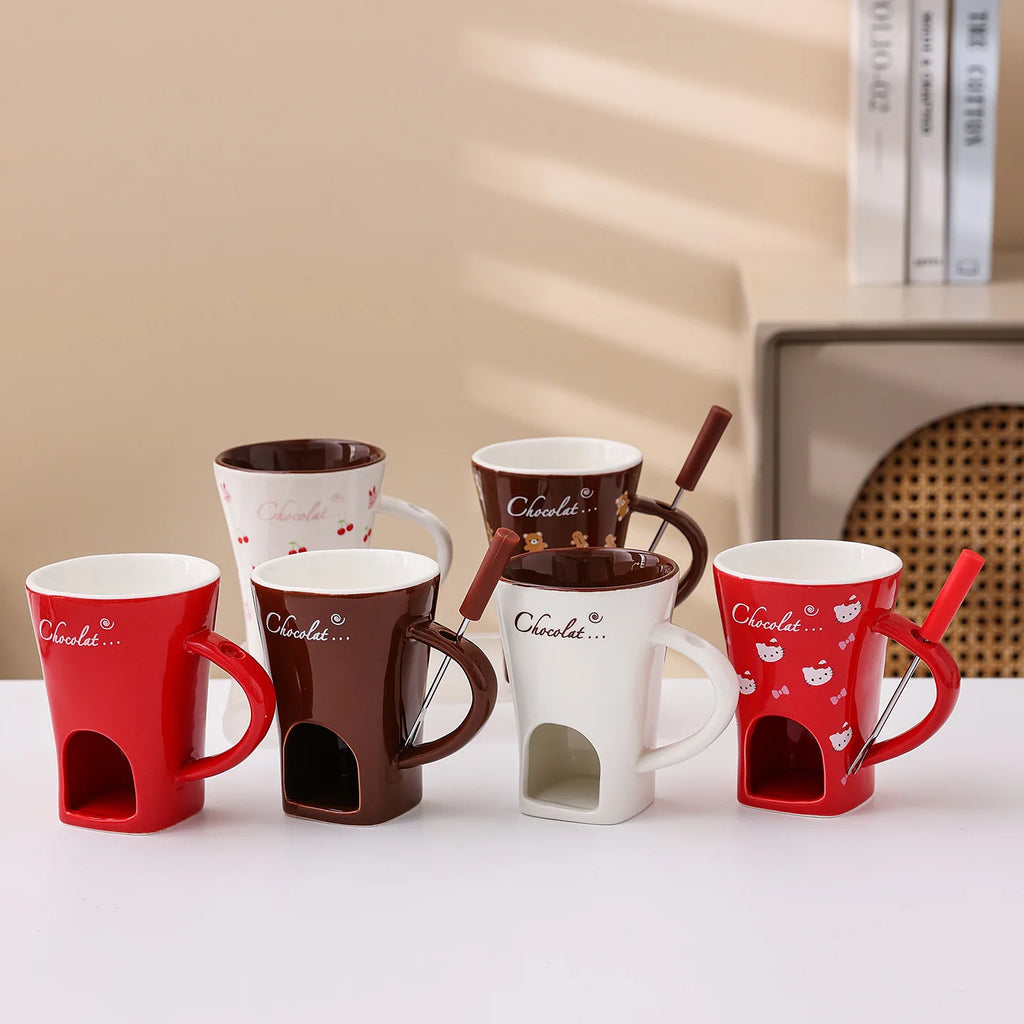 Cherry Bear Decal Chocolate Fondue Melt Ceramic Mugs Custom Cheese Tools Chocolate Melt Pot with Fork