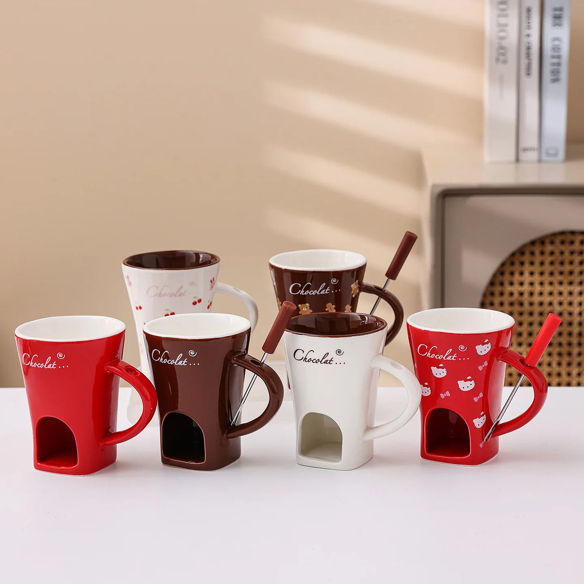 Cherry Bear Decal Chocolate Fondue Melt Ceramic Mugs Custom Cheese Tools Chocolate Melt Pot with Fork