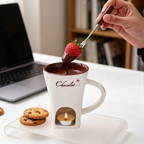 Cherry Bear Decal Chocolate Fondue Melt Ceramic Mugs Custom Cheese Tools Chocolate Melt Pot with Fork