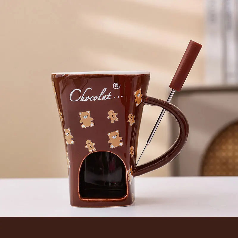 Cherry Bear Decal Chocolate Fondue Melt Ceramic Mugs Custom Cheese Tools Chocolate Melt Pot with Fork